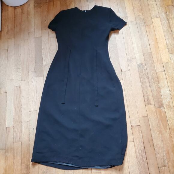 Vintage 80s 90s Short Sleeve A Line Midi Dress Black Bow Gothic Twee Whimsygoth - Picture 5 of 7